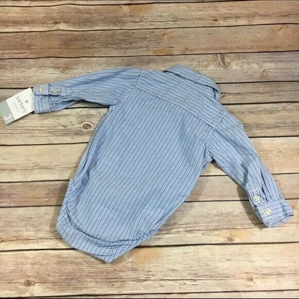Carter's Boys Bodysuit Size 3 Mo Blue Button Front Up‎ Stripe Woven NEW